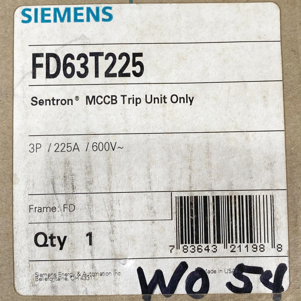 Siemens Sentron Series Circuit Breaker Trip Unit 3P, 225A, 60V, FD63T225