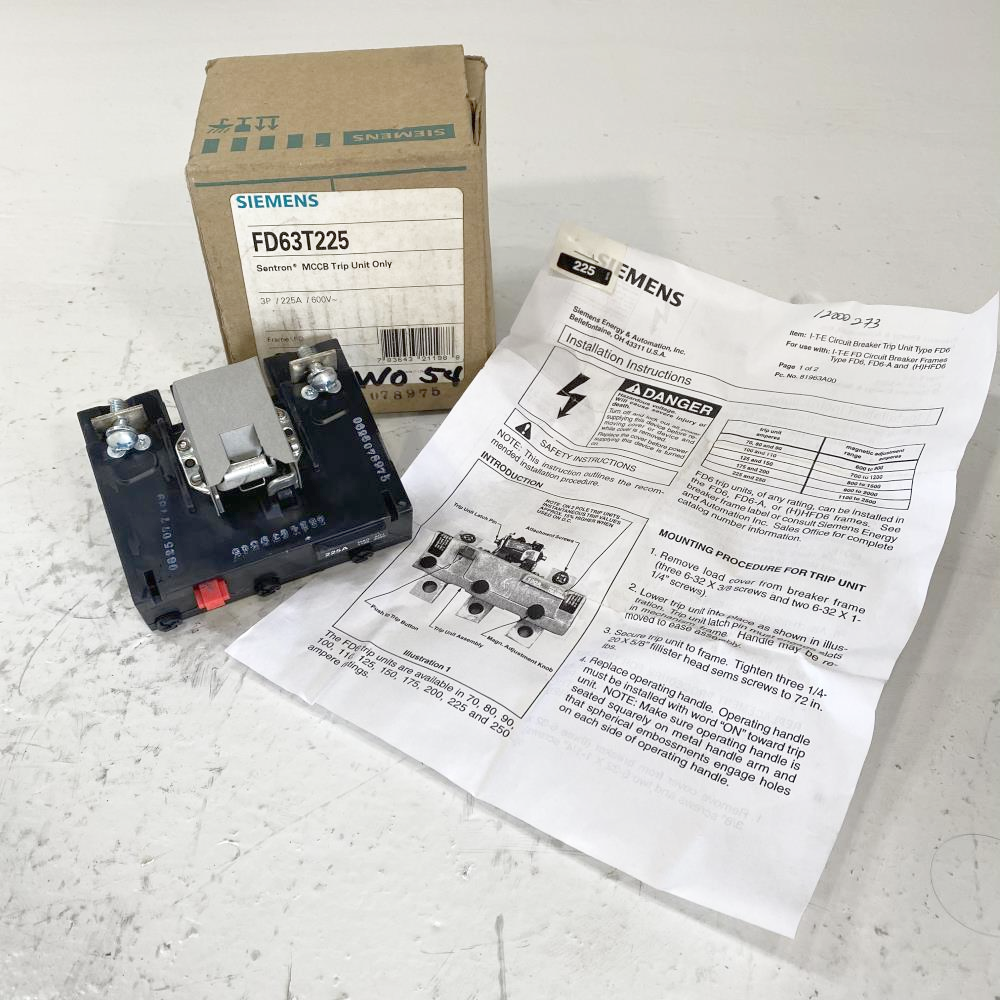 Siemens Sentron Series Circuit Breaker Trip Unit 3P, 225A, 60V, FD63T225