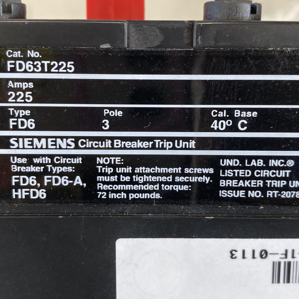 Siemens Sentron Series Circuit Breaker Trip Unit 3P, 225A, 60V, FD63T225