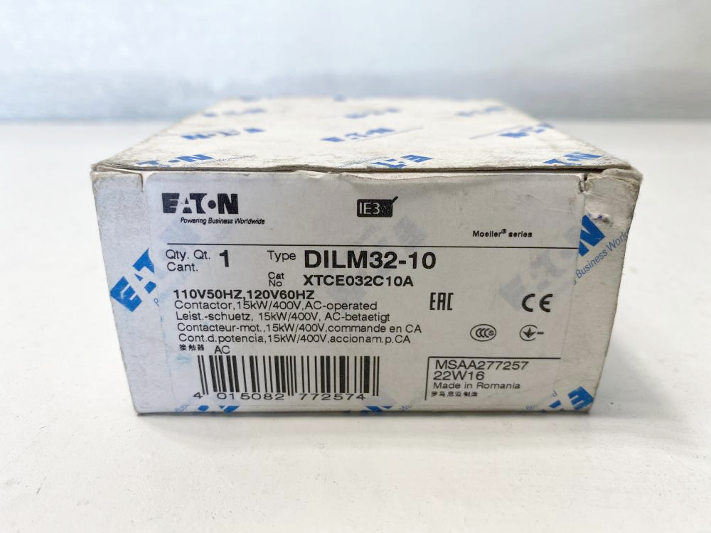 Eaton Type DILM32-10 Contactor IEC 32A, 3P, 120V AC, XTCE032C10A