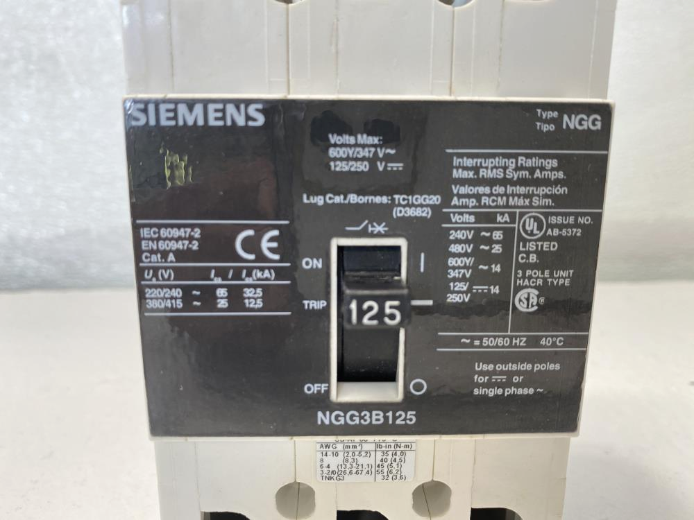 Siemens Molded Case Circuit Breaker 3-Pole, 125A, 480V, NGG3B125L