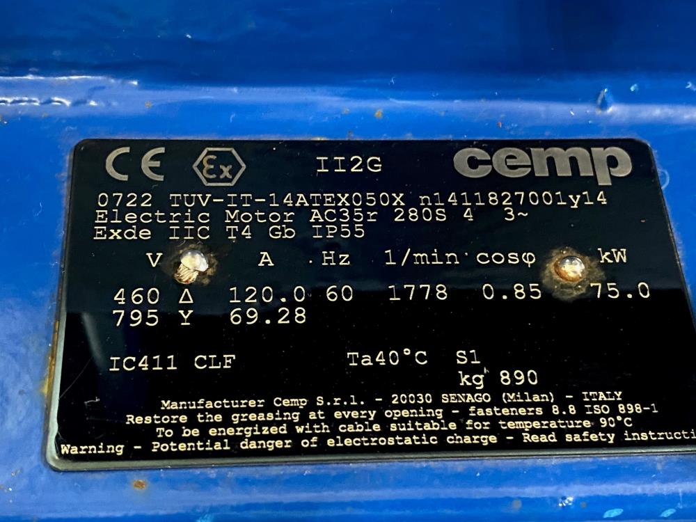 CEMP AC35r 208S Flame-Proof Electric Motor 75kW, 460V, 1778 RPM, 3-Phase, 4-Pole