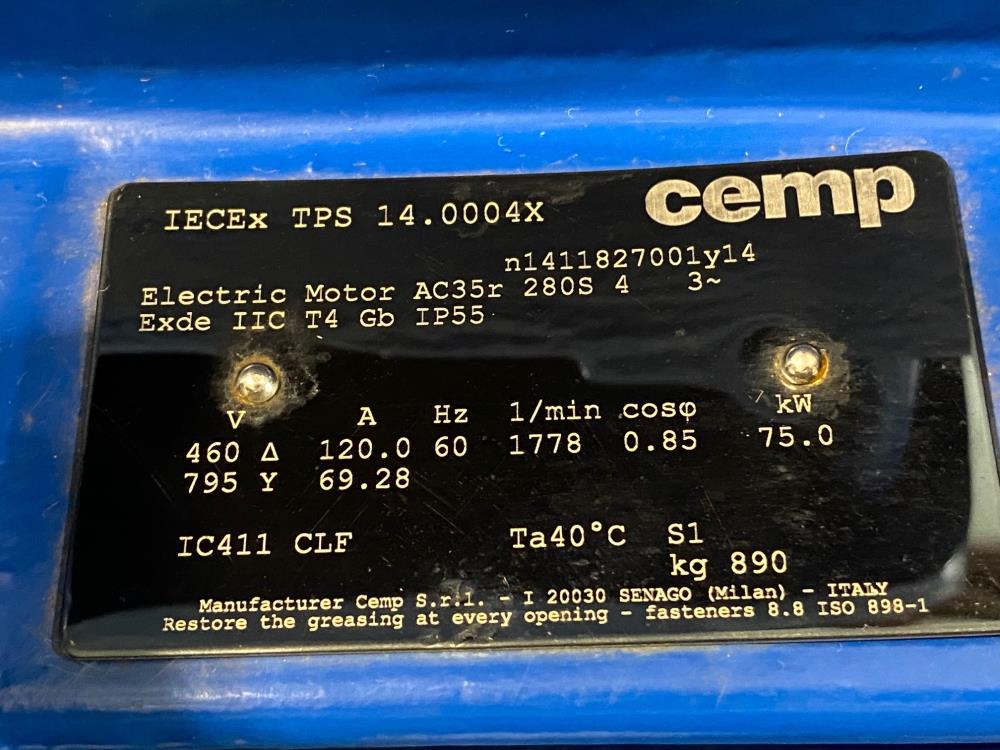 CEMP AC35r 208S Flame-Proof Electric Motor 75kW, 460V, 1778 RPM, 3-Phase, 4-Pole