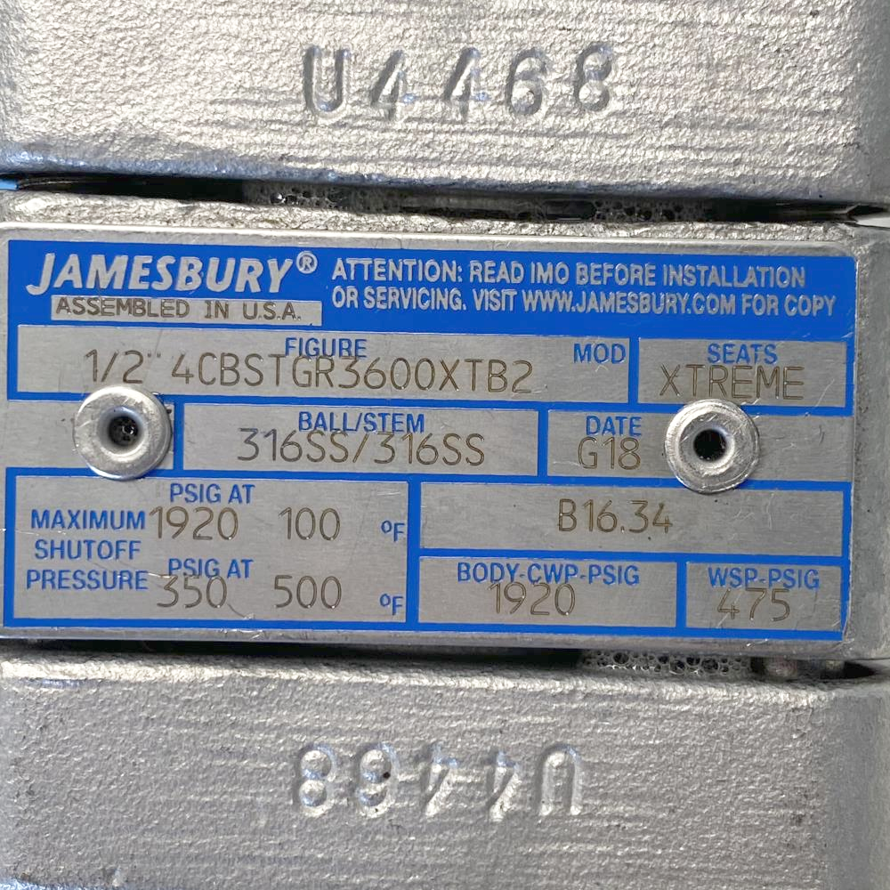 Jamesbury 1/2" Socketweld CF8M Static Grounded Ball Valve 1/2" 4CBSTGR3600XTB2
