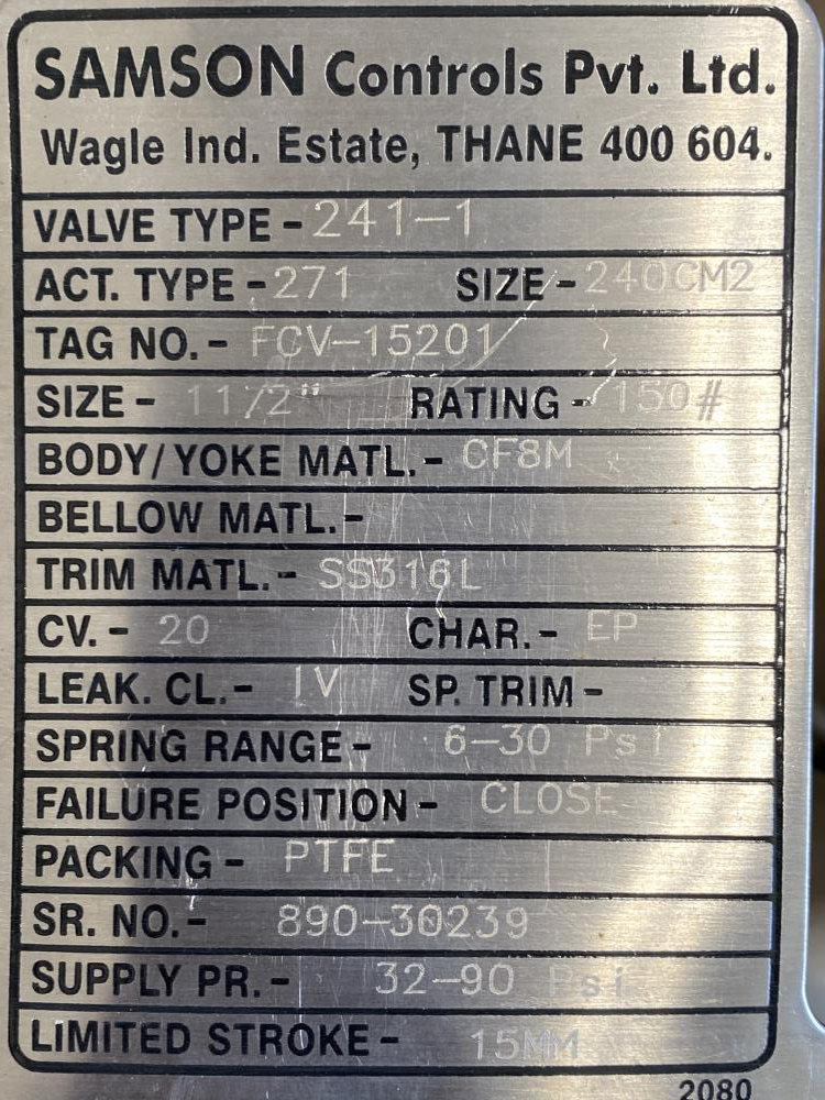 Samson 1-1/2" 150# CF8M Actuated Globe Control Valve 241-1 w/ 3730-4 Positioner