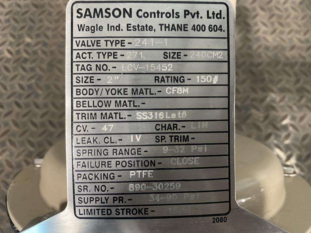 Samson 2" 150# CF8M Actuated Globe Control Valve 241-1, Act. 271 w/ Positioner