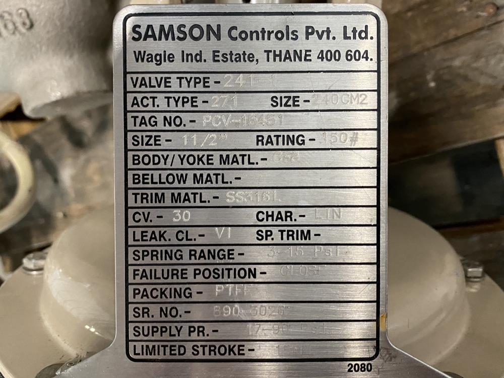 Samson 1-1/2" 150# CF8 Actuated Globe Control Valve 241-1 w/ 3730-4 Positioner
