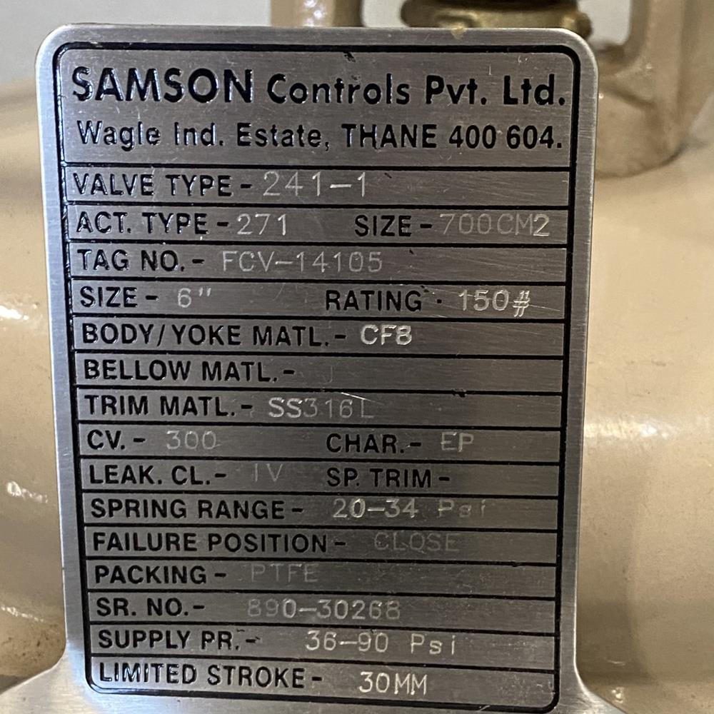 Samson 6" 150# CF8 Actuated Globe Control Valve 241-1 w/ 3730-4 Positioner