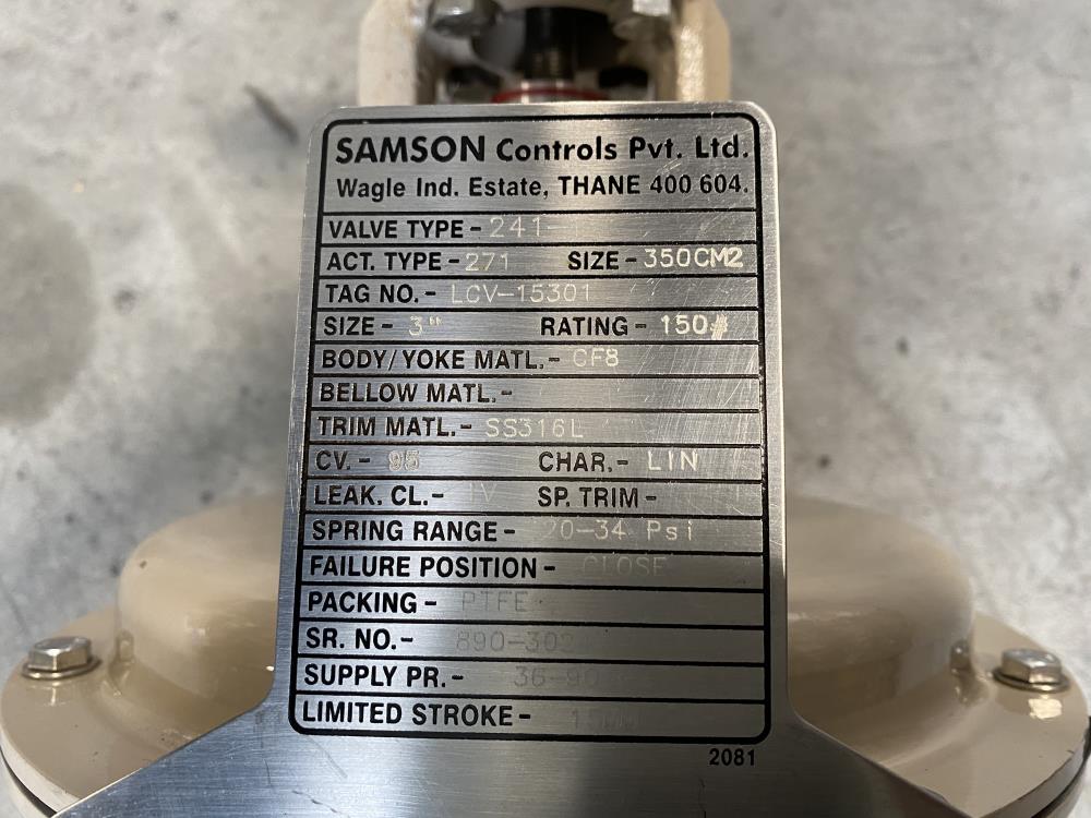 Samson 3" 150# CF8 Actuated Globe Control Valve 241-1 w/ 3730-4 Positioner