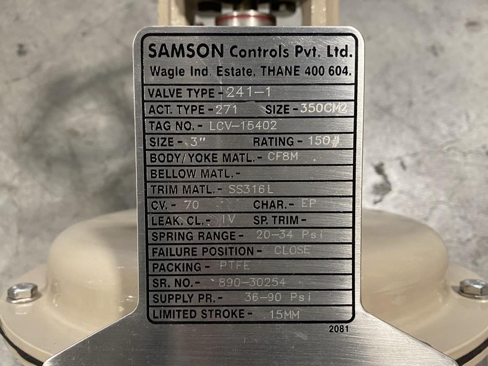 Samson 3" 150# CF8M Actuated Globe Valve 241-1 w/ 3730-4 Positioner
