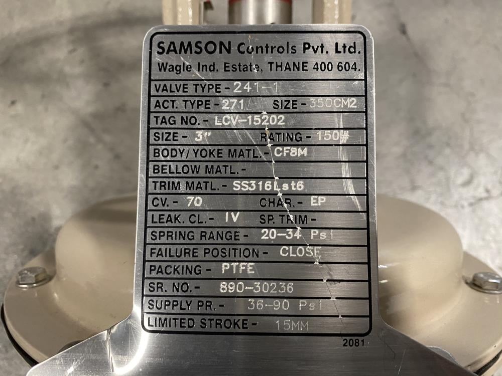 Samson 3" 150# CF8M Actuated Globe Valve 241-1 w/ Profibus Positioner 3730-4