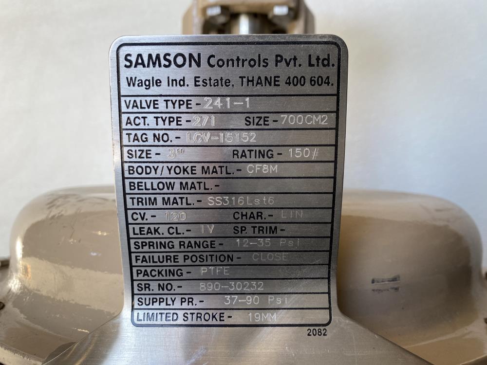Samson 3" 150# CF8M Actuated Globe Valve 241-1 & 3730-4 Profibus Positioner 