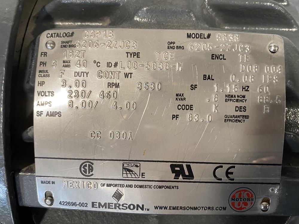 Emerson US Motors 3HP Corro-Duty Motor 3530 RPM, 230/460, 5838, C3P1B