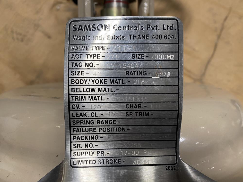 Samson 4" 150# CF8 Actuated Globe Control Valve 241-1 w/ 3730-4 Positioner