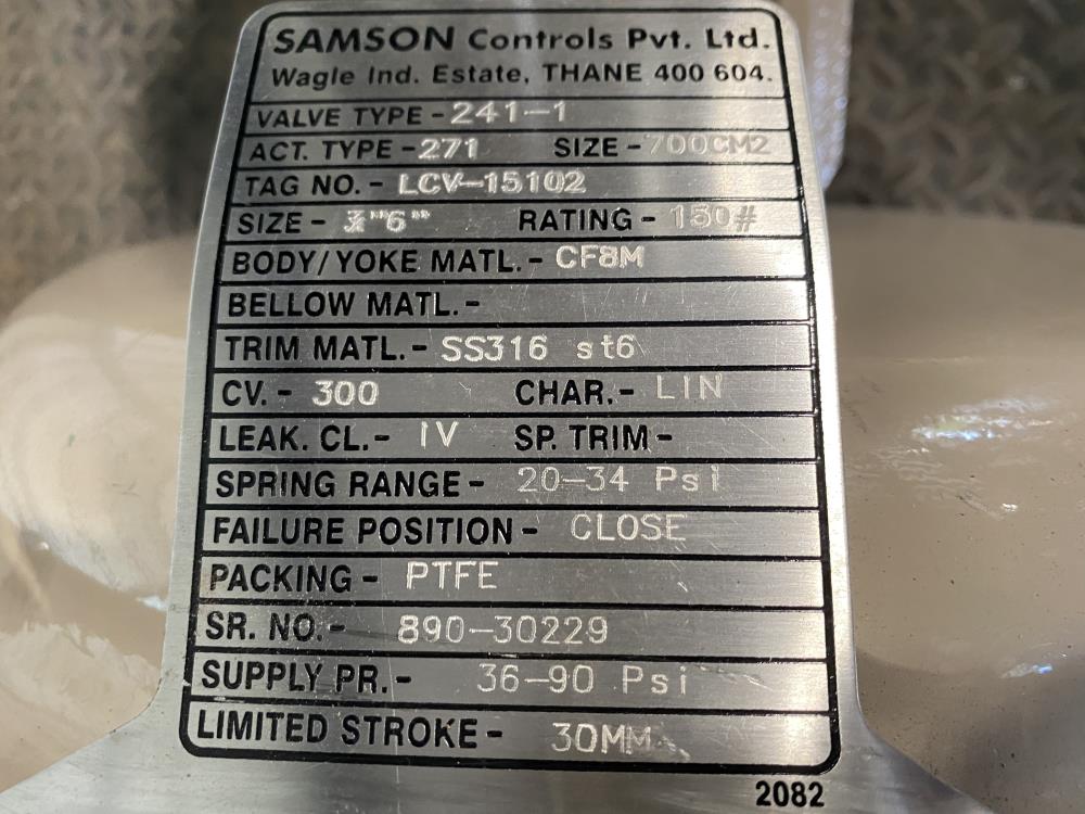 Samson 6" 150# CF8M Actuated Globe Control Valve 241-1 w/ 3730-4 Positioner	