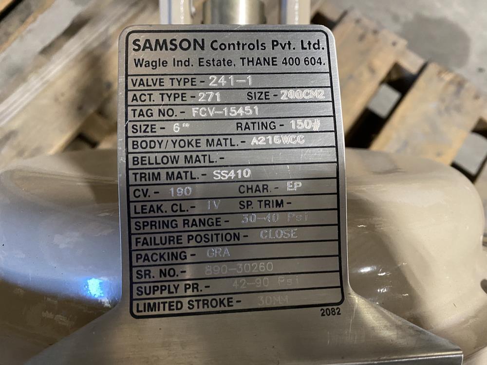 Samson 6" 150# WCC Actuated Globe Control Valve 241-1 w/ 3730-4 Positioner	