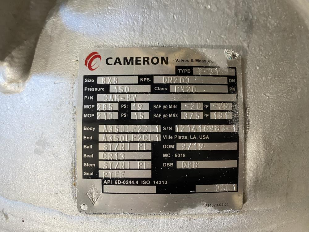 Cameron 8" 150# Carbon Steel T-31 Fully Welded Ball Valve w/ Dynatorque Gear Op