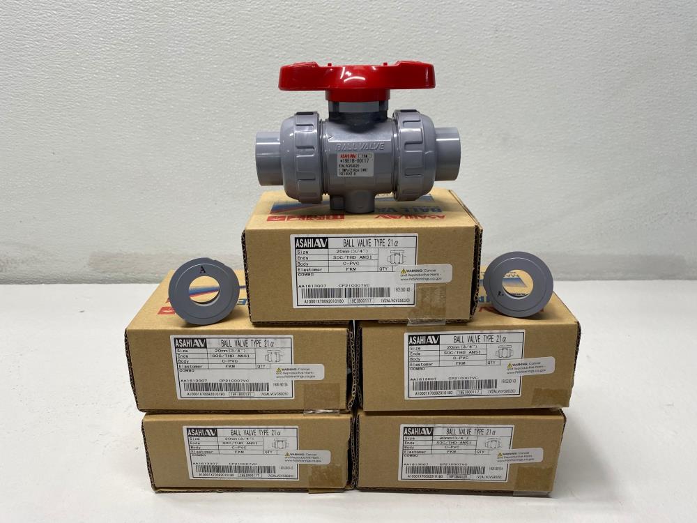 Lot of (5) Asahi 3/4" Socket x Threaded CPVC FKM Ball Valves, Type 21a