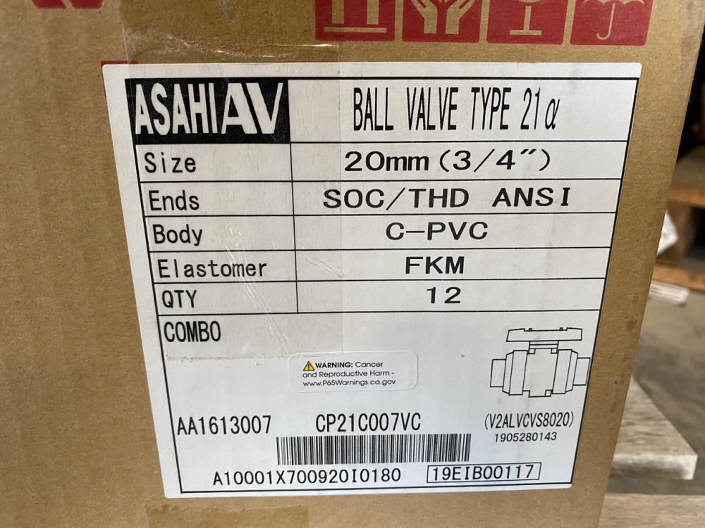 Lot of (5) Asahi 3/4" Socket x Threaded CPVC FKM Ball Valves, Type 21a