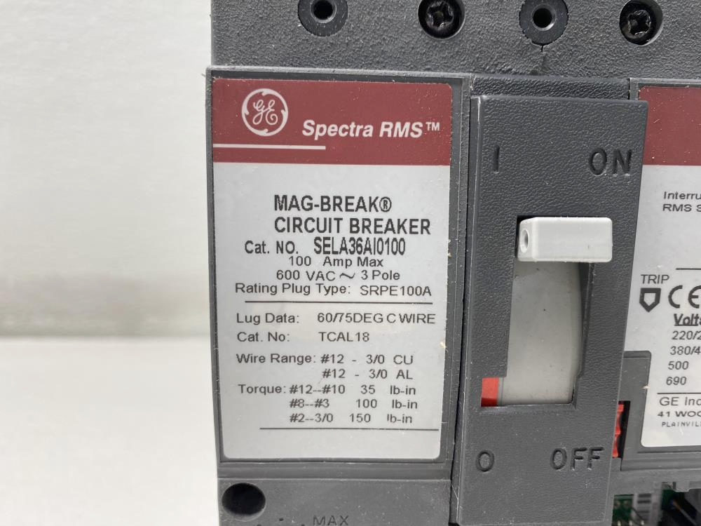 GE Spectra RMS 100A, 3-Pole, 600VAC Motor Circuit Breaker SELA36AI0100