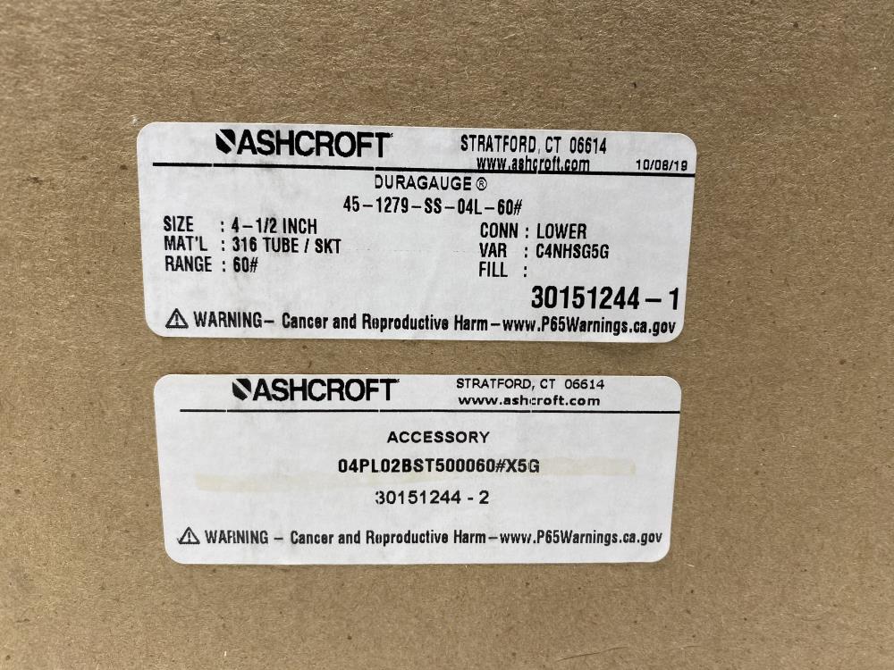 Ashcroft 4.5" Duragauge 0-60PSI 45-1279-SS-04L-60# w/ Valve 04PL02BST500060#X5G