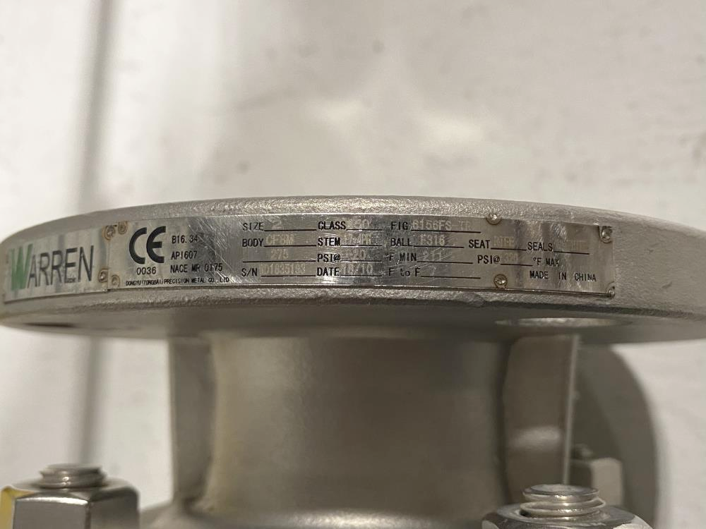 Warren 2" 150# CF8M RF 2-Piece FP Ball Valve, Fig 6156FS-TR