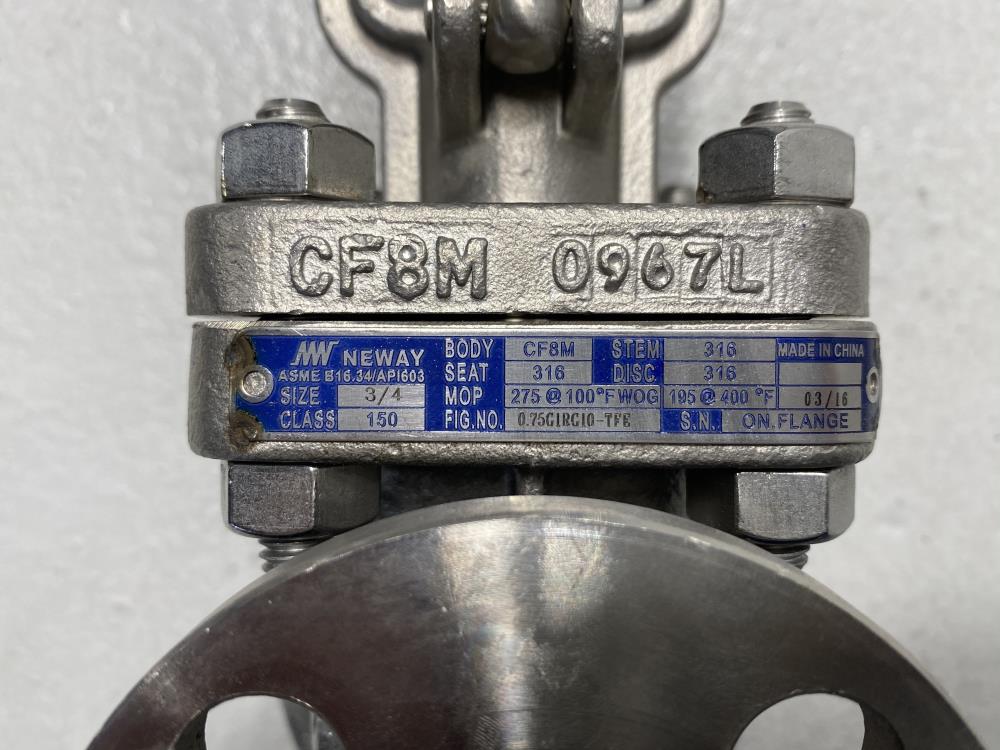 Neway 3/4" 150# RF CF8M Gate Valve 0.75G1RG10-TFE