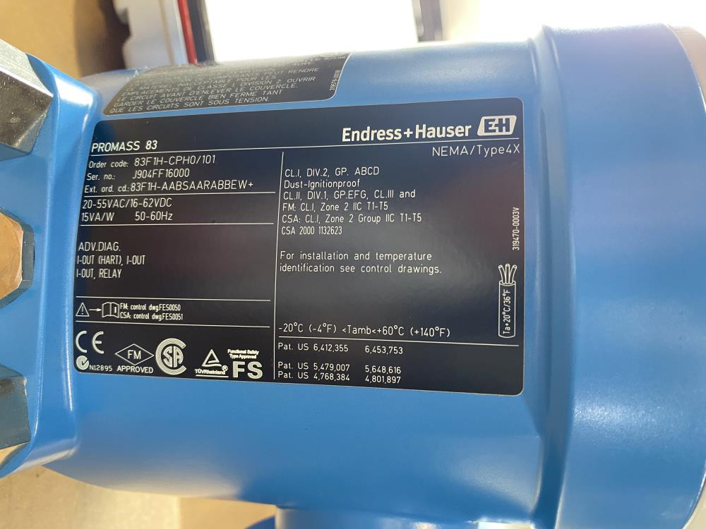 Endress Hauser Promass 83F Coriolis Flowmeter 83F1H-CPH0/101, 4" 300# 316SS