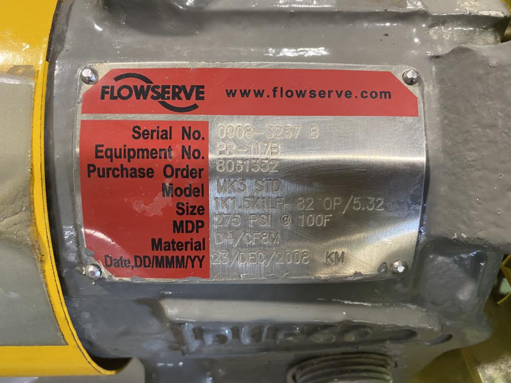 Flowserve Durco MK3 STD Centrifugal Pump 1K1.5X1LF-82, D4/CF8M & 5HP Motor