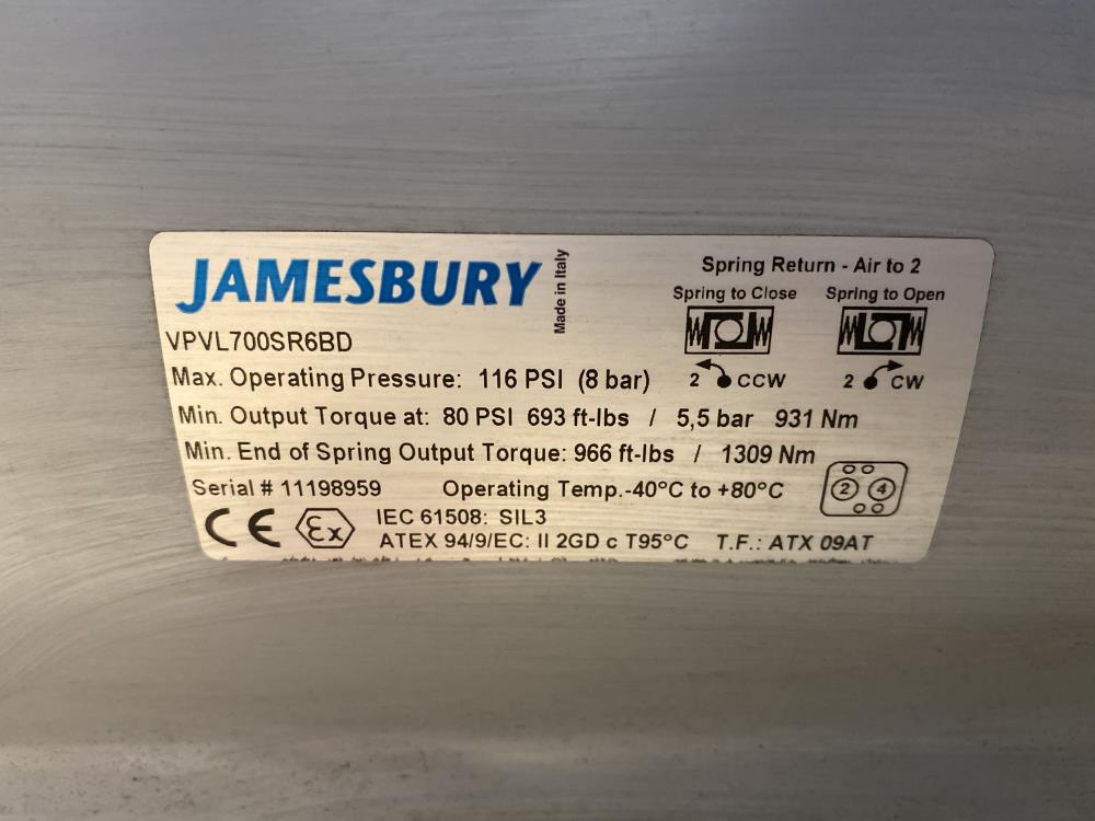 Jamesbury Valv-Powr Spring Return Pneumatic Actuator VPVL700SR6BD w/ Linkage Kit