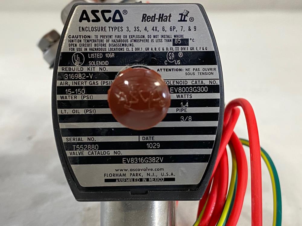 Asco Red Hat 3/8" NPT 3-Way CF8M Solenoid Valve EV8316G382V, EV8003G300