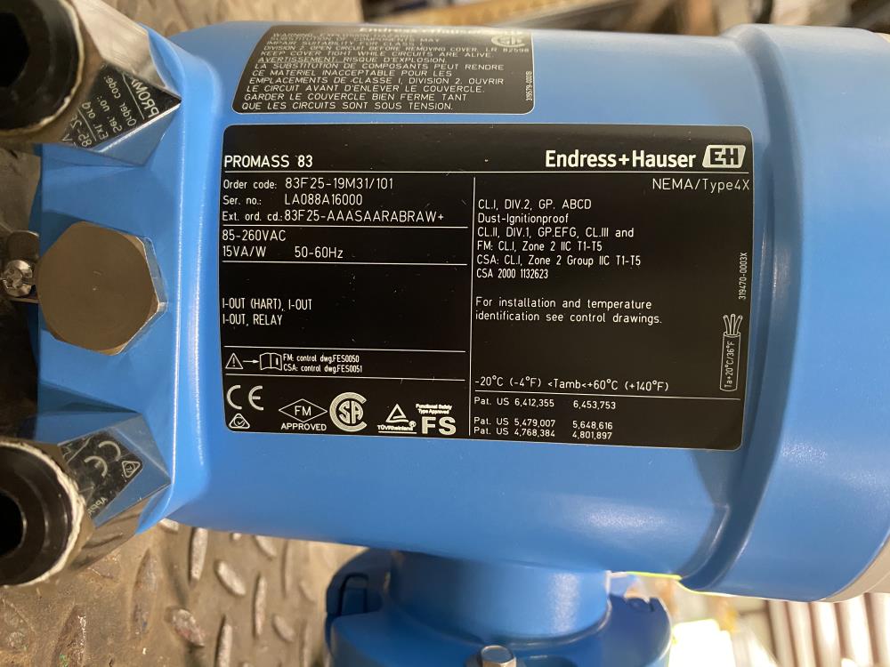 Endress Hauser 1" 150# 316SS Promass F Coriolis Flowmeter 83F25-19M31/101