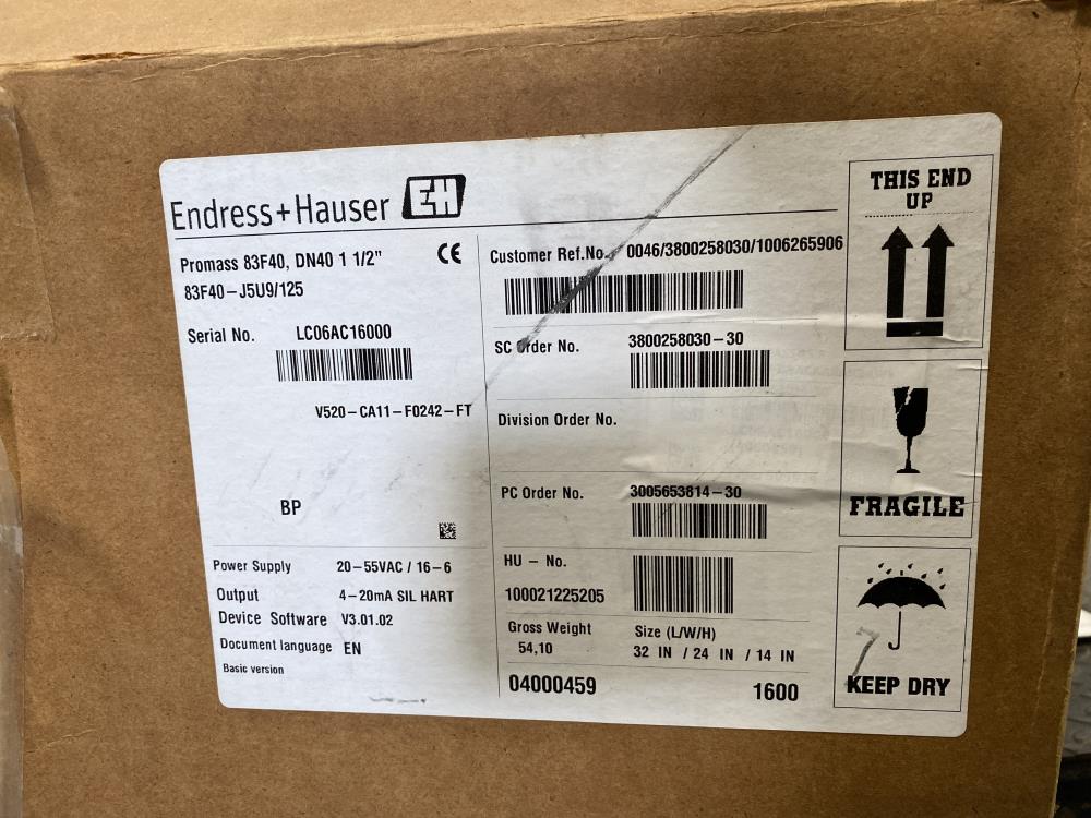 Endress Hauser 1-1/2" 150# Hast C-22 Promass F Coriolis Flowmeter 83F40-J5U9/125