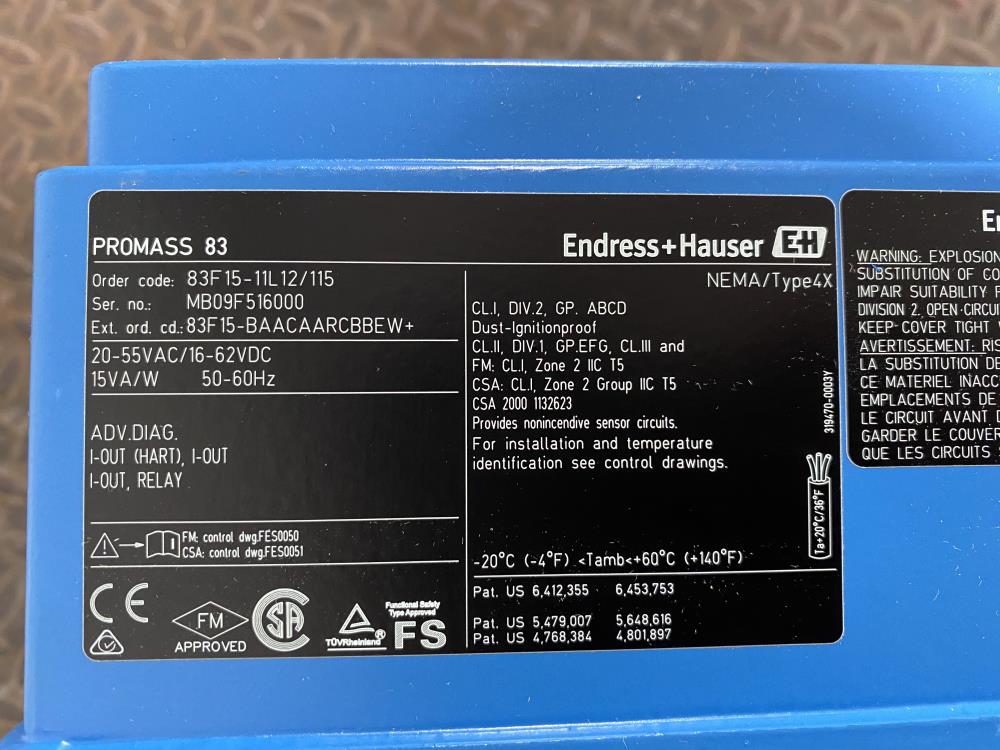 Endress Hauser 1/2" 150# Hast C-22 Promass F Coriolis Flowmeter 83F15-11L12/115
