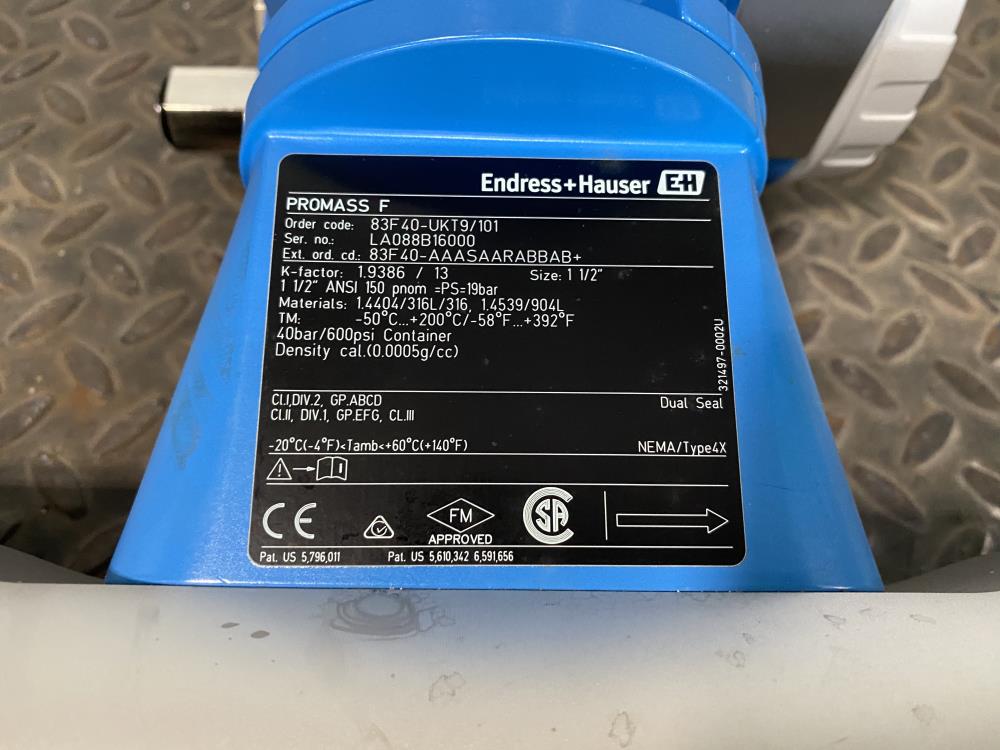 Endress Hauser 1-1/2" 150# 316SS Promass F Coriolis Flowmeter 83F40-UKT9/101