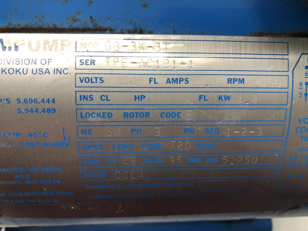 ChemPump, 3/4" 300# Carbon Steel Centrifugal Pump Model# GB-3K-3T