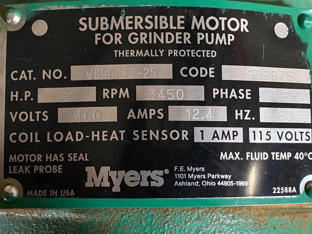 Myers Submersible Grinder Pump WG50-43-25 w/ 5 HP Motor