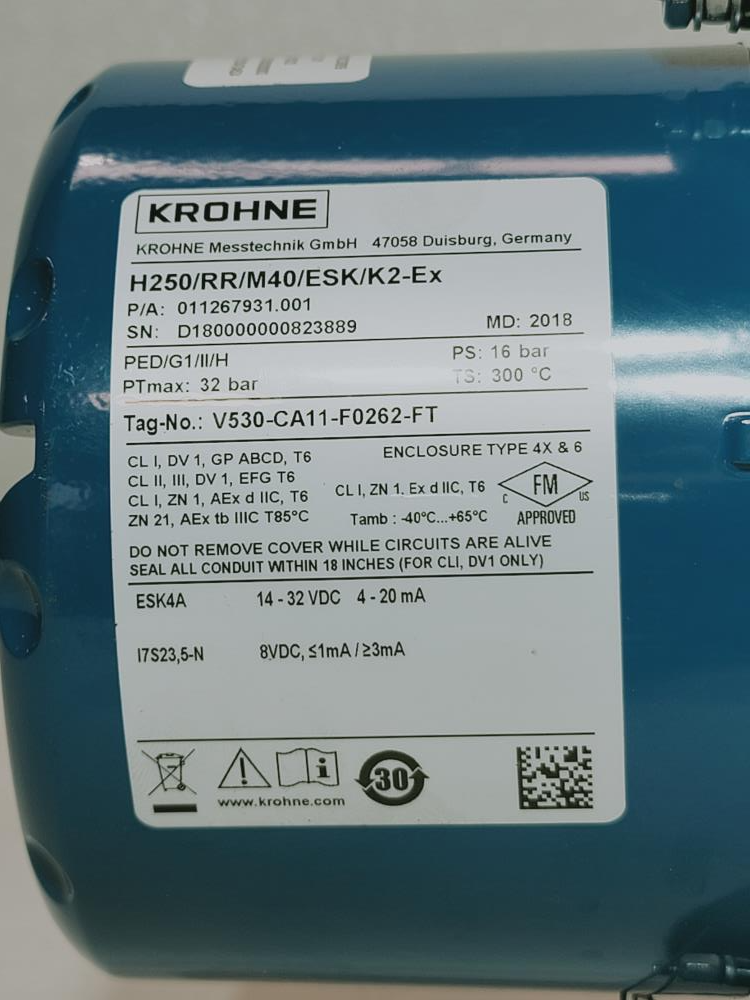 Krohne 1 1/2" Stainless Steel Variable Area Flow Meter H250/RR/M40/ESK/K2-EX