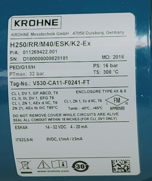Krohne 1" Stainless Steel Variable Area Flow Meter H250/RR/M40/ESK/K2-EX