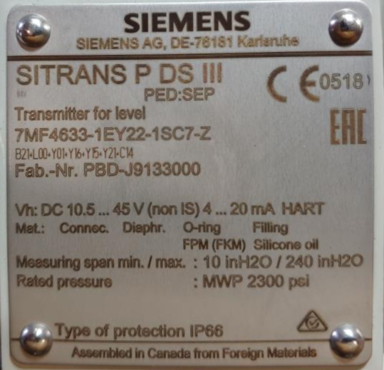 Siemens SITRANS P DS III Pressure Transmitter 7MF4633-1EY22-1SC7-Z