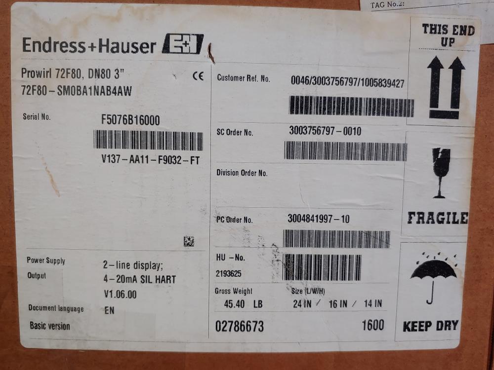 Endress Hauser Prowirl F 3" 300# Stainless Flow Meter 72F80-SM0BA1NAB4AW