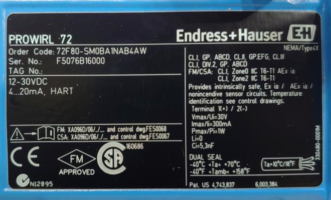 Endress Hauser Prowirl F 3" 300# Stainless Flow Meter 72F80-SM0BA1NAB4AW