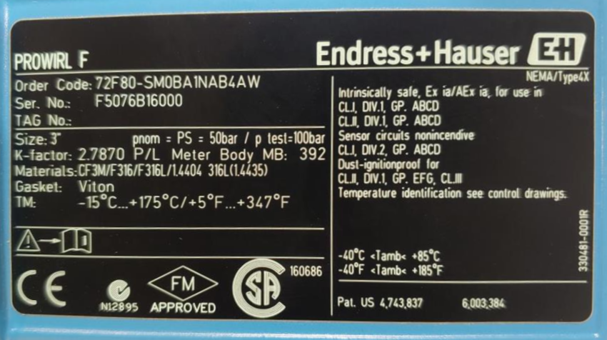 Endress Hauser Prowirl F 3" 300# Stainless Flow Meter 72F80-SM0BA1NAB4AW