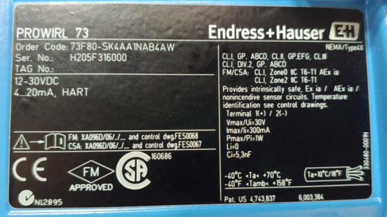 Endress Hauser Prowirl F 3" 300# Stainless Flow Meter 73F80-SK4AA1NAB4AW