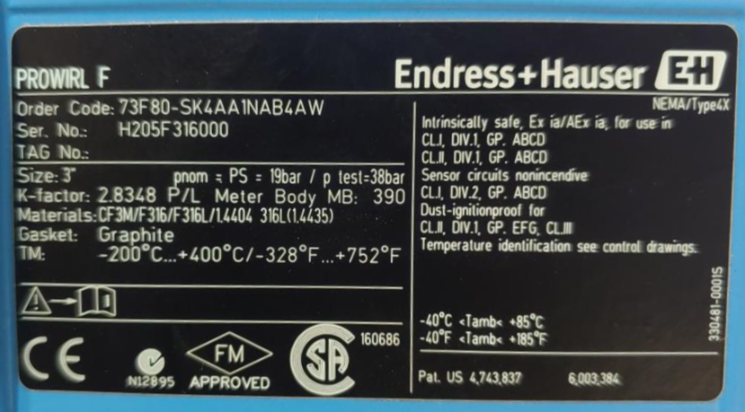 Endress Hauser Prowirl F 3" 300# Stainless Flow Meter 73F80-SK4AA1NAB4AW