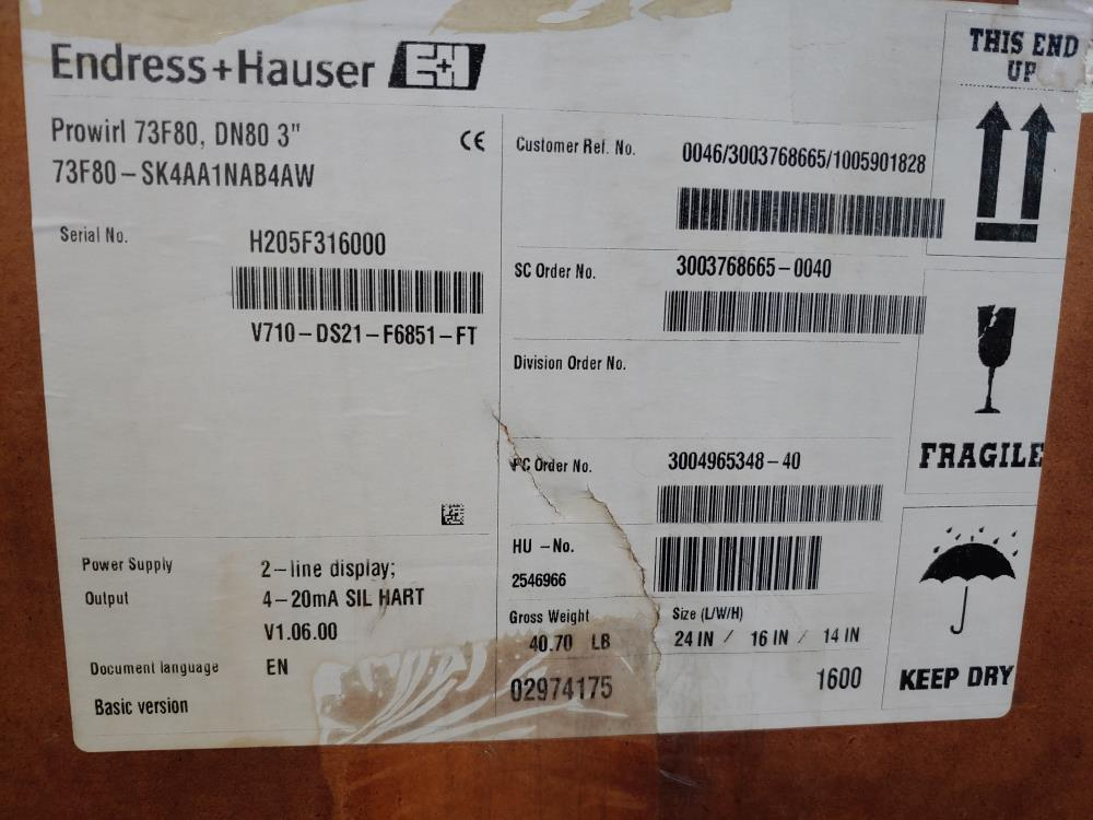 Endress Hauser Prowirl F 3" 300# Stainless Flow Meter 73F80-SK4AA1NAB4AW