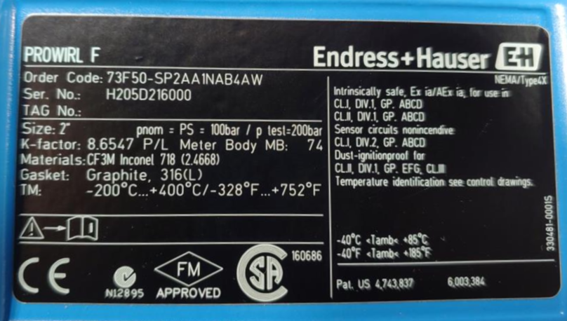 Endress Hauser Prowirl F 2" 600# Stainless Flow Meter 73F50-SP2AA1NAB4AW