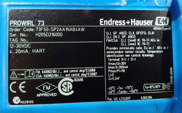 Endress Hauser Prowirl F 2" 600# Stainless Flow Meter 73F50-SP2AA1NAB4AW