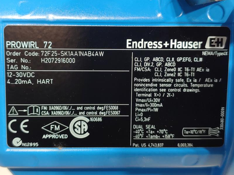 Endress Hauser Prowirl F 1" 150# Stainless Flow Meter 72F25-SK1AA1NAB4AW