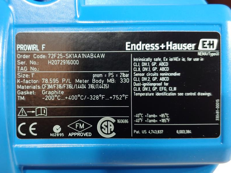 Endress Hauser Prowirl F 1" 150# Stainless Flow Meter 72F25-SK1AA1NAB4AW